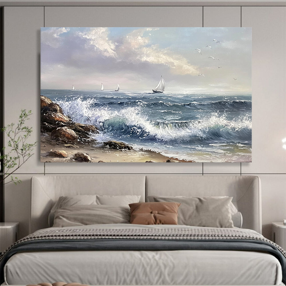 “Sailing Serenity” - Blues, Whites, Greys, Sailboats at Sea - Realist Oil Painting HB1605