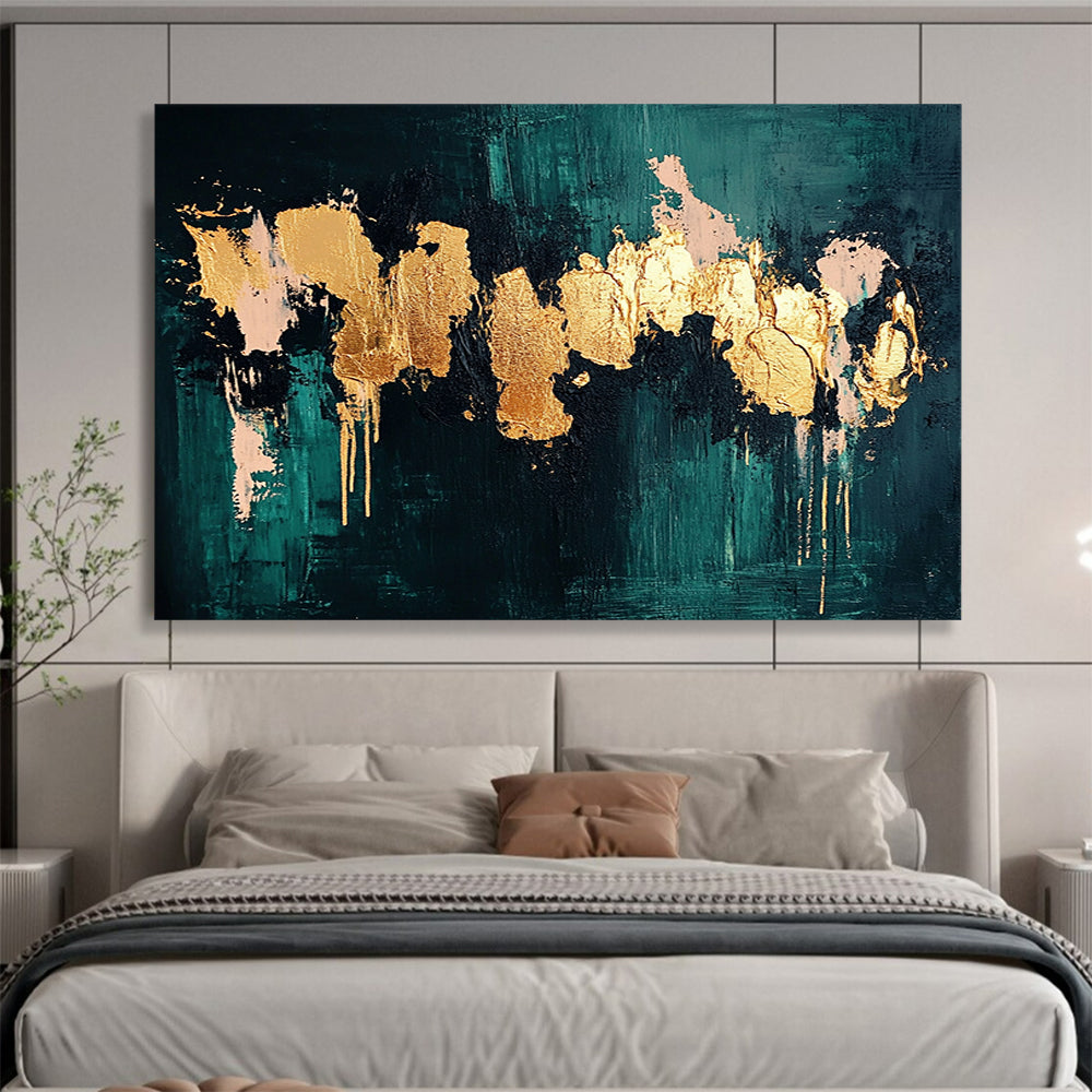 “Teal and Gold Abstract Drip” - Teal, gold, pink; Abstract drip painting with gold and pink; Acrylic Painting On Canvas HB1245