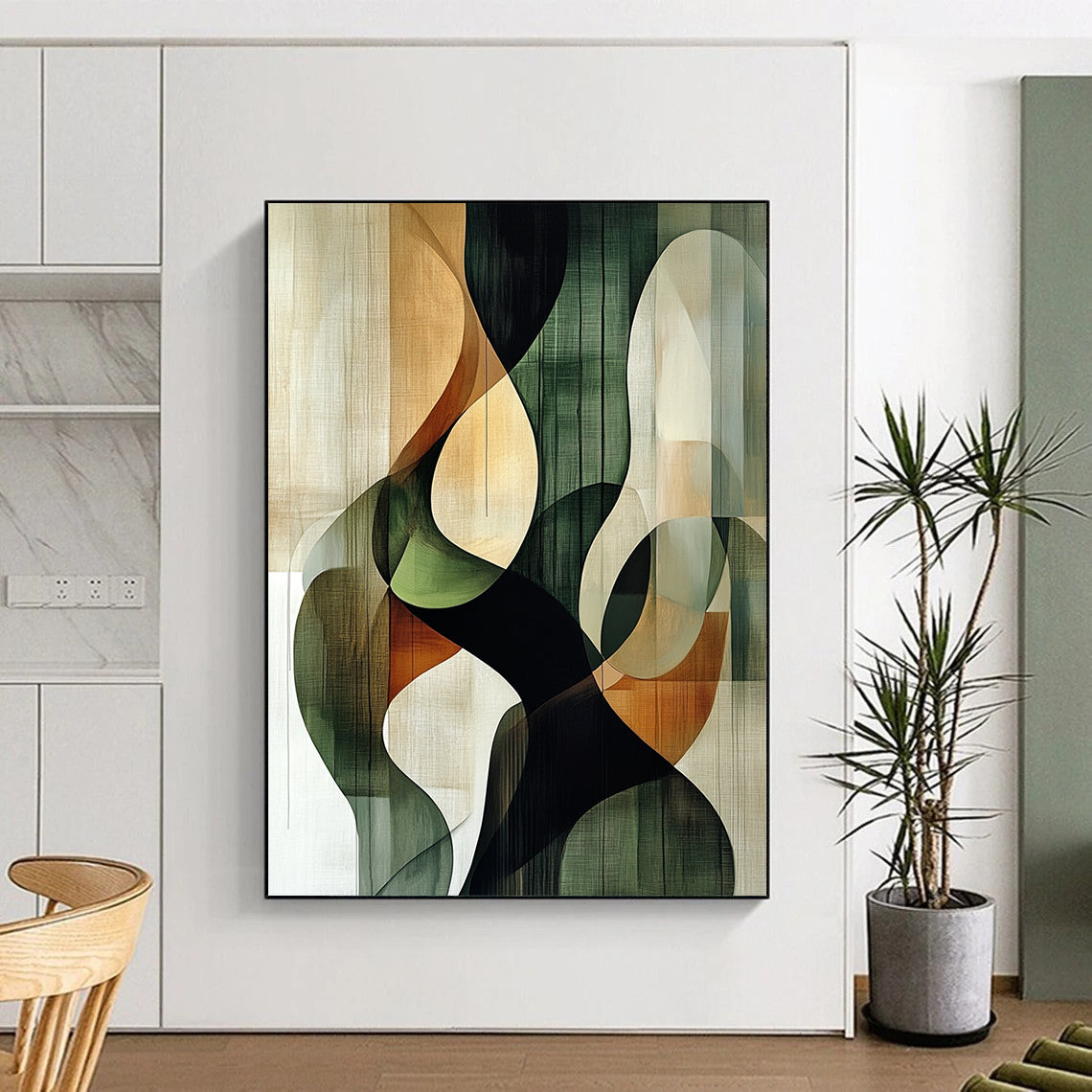 Contemporary hand-painted abstract art featuring intertwined circular shapes in green black and beige against a textured nature-inspired brown background. DLZ0994