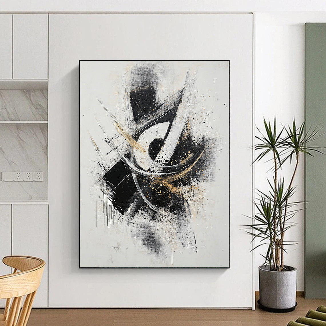 Black, White, Gray, Gold, Dynamic Swirls "Gilded Motion" Abstract Expressionist Painting On Canvas HB071