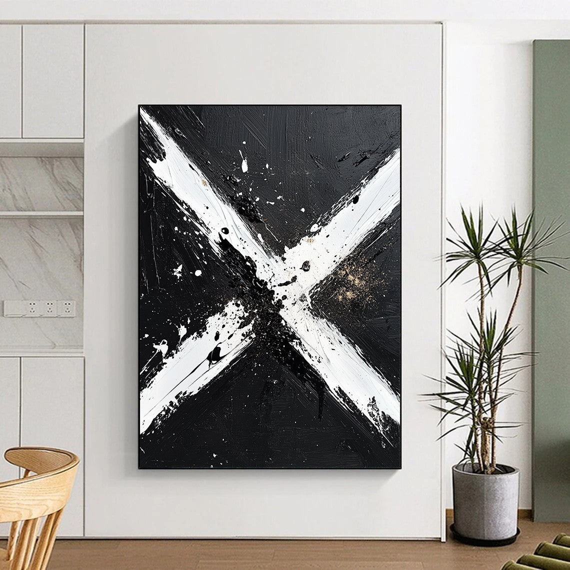 Black, White and Gold Abstract "Dynamic X" Painting On Canvas HB403