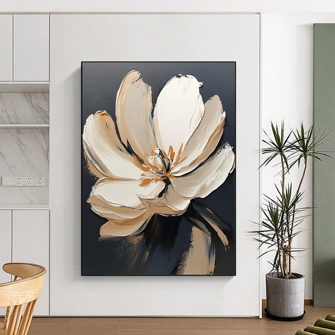 Contemporary abstract painting featuring a large white flower with gold accents on a dark gray background showcasing visible brush strokes. DLZ0603