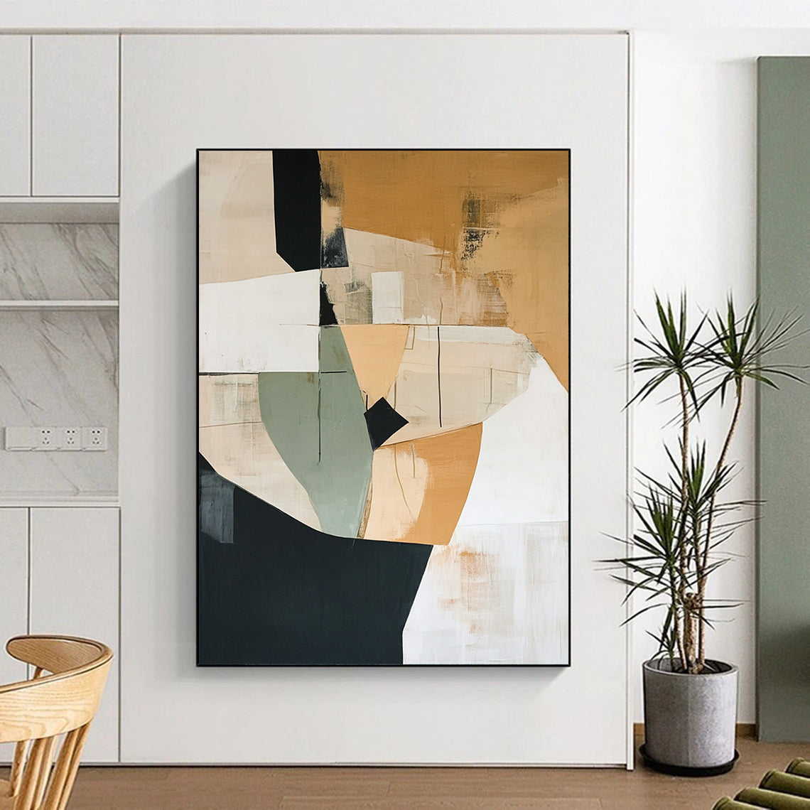 Contemporary abstract artwork featuring minimalist shapes in beige with green and black accents and generous white space invites harmony and balance into any space. DLZ0876