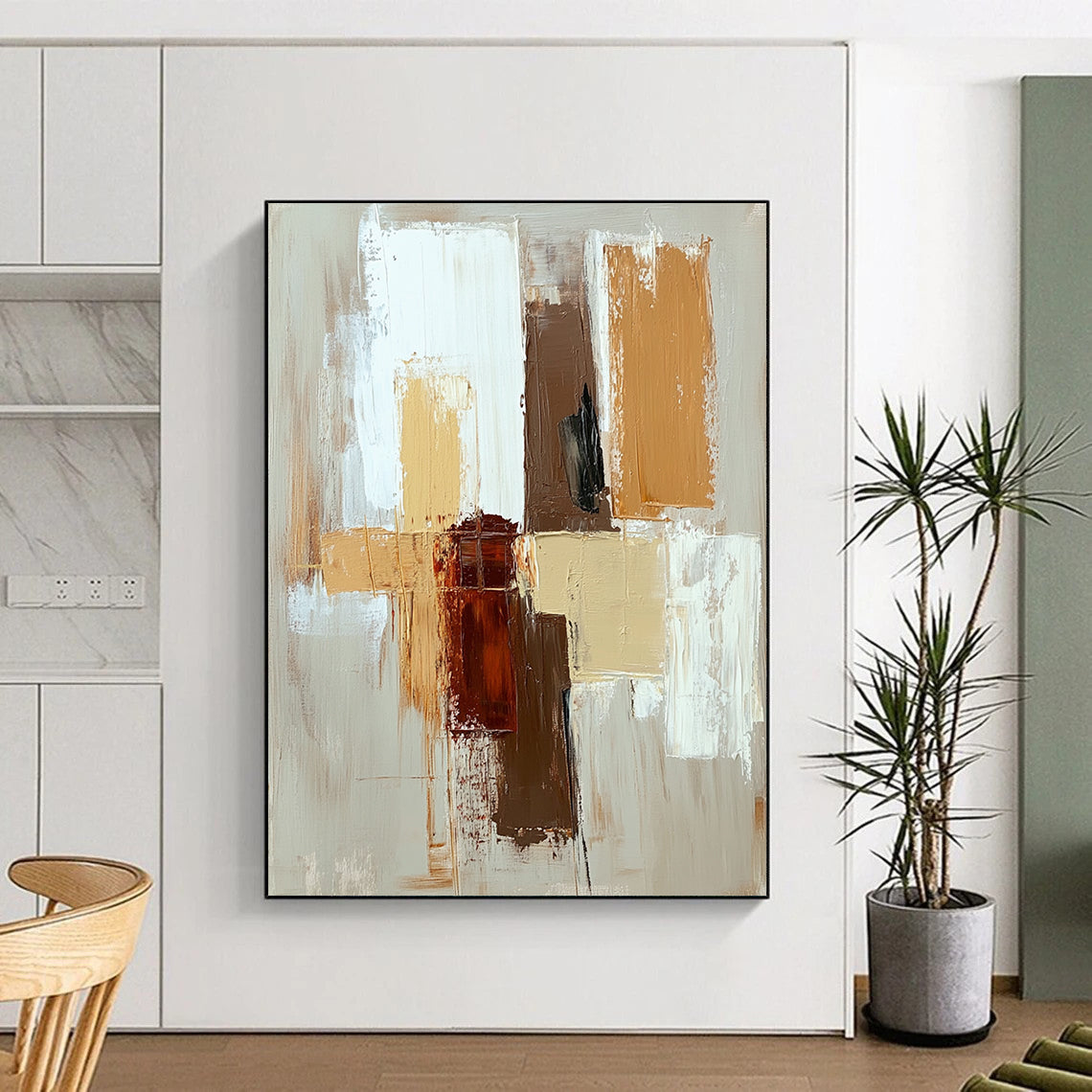 Contemporary hand-painted abstract artwork featuring a minimalistic design with beige brown and white brush strokes for a serene aesthetic. DLZ1020