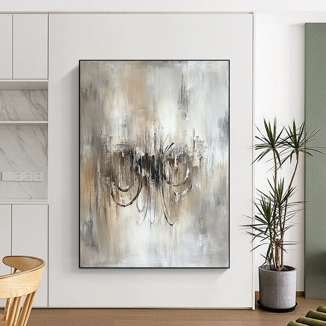 Contemporary hand-painted abstract art featuring an ethereal chandelier in soothing beige and grey tones on textured white canvas. DLZ0456