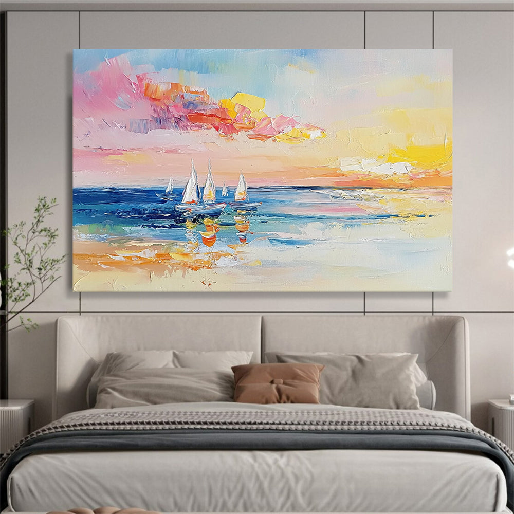 “Colorful Sailboat Seascape” - Pink, Yellow, Blue, White - Impasto Sailboats at Sunset - Oil Painting HB1307