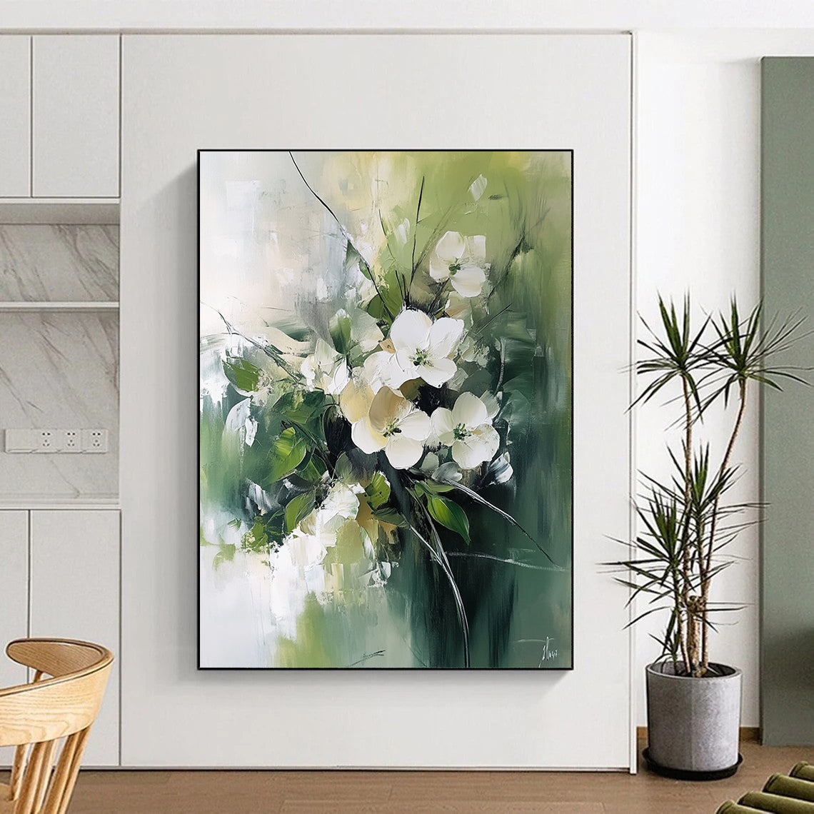 Contemporary abstract painting features white flowers and green leaves with a luminous palette and blurred edges on a neutral green background. DLZ0670