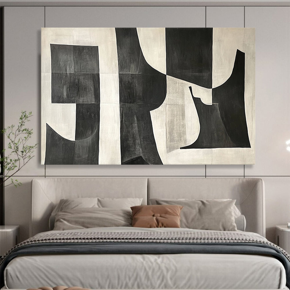 Black and White Geometric Abstract "Bold Shapes" Painting On Canvas HB0659