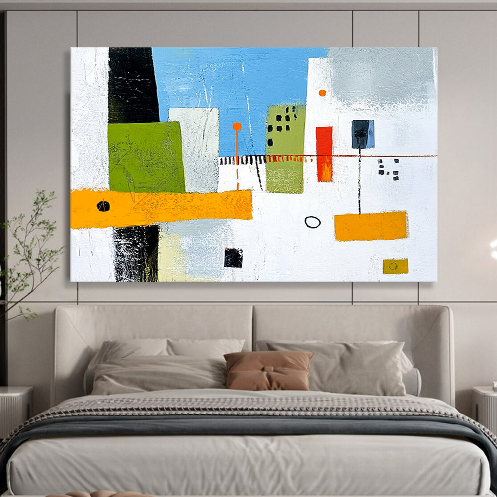 “Geometric City Blocks” - Greens, blues, oranges, whites; Abstract geometric city buildings; Minimalist Acrylic Painting On Canvas HB1179