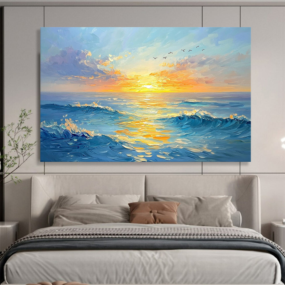 “Sunset Sea Symphony” - Blues, Oranges, Yellows, Seascape with Sunset and Birds - Impasto Oil Painting HB1756