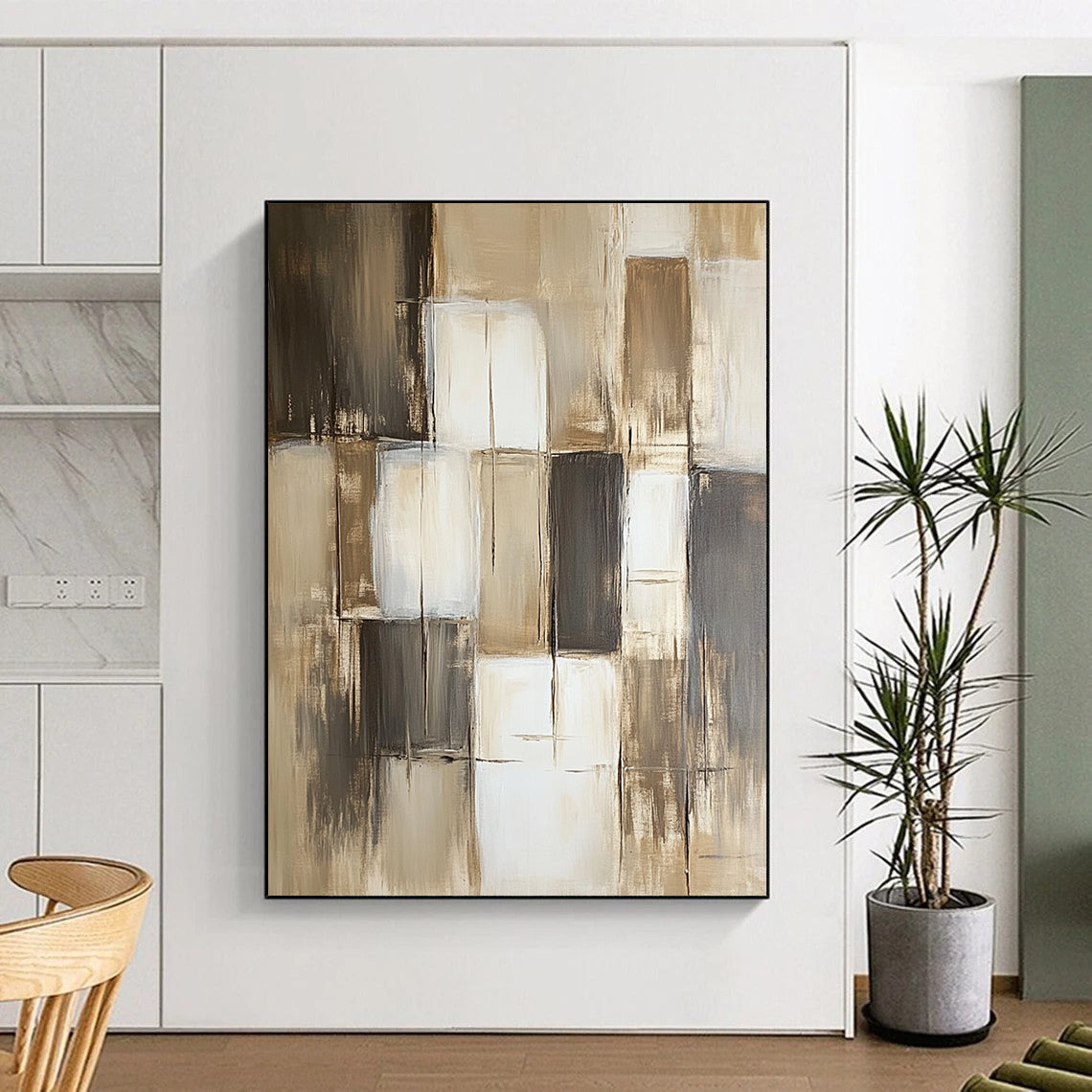Contemporary hand-painted abstract art featuring neutral shades of beige gray and brown with varying paint block sizes and textures. DLZ0611
