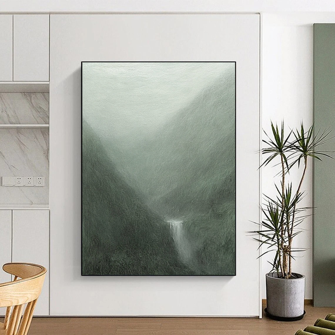 Contemporary abstract painting featuring misty mountains in gray-green hues with soft brushstrokes and a mystical waterfall flowing into a serene pool. DLZ1366
