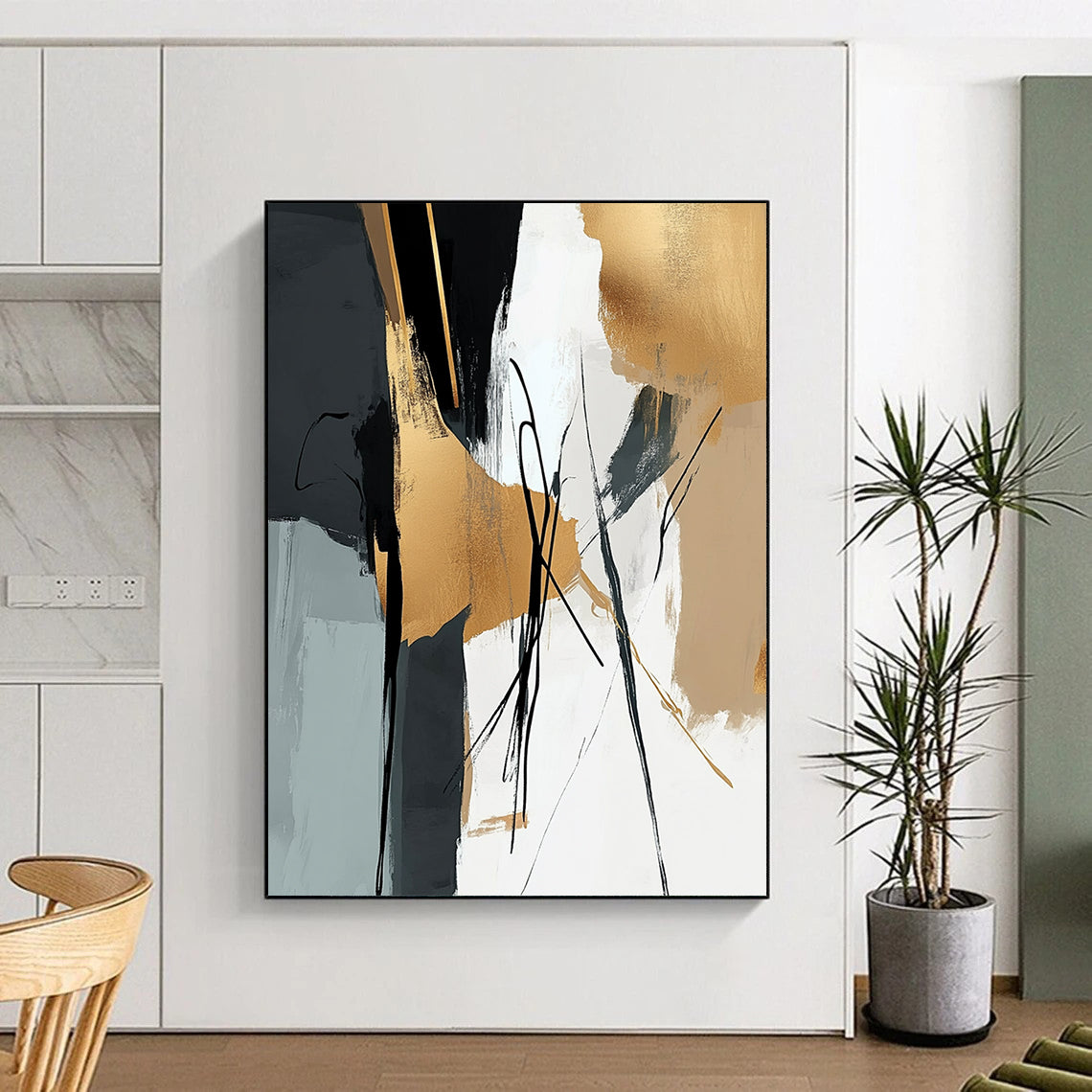 Contemporary abstract wall art featuring elegant brushstrokes in black beige and gold harmoniously blended with natural elements for a tranquil atmosphere. DLZ0318