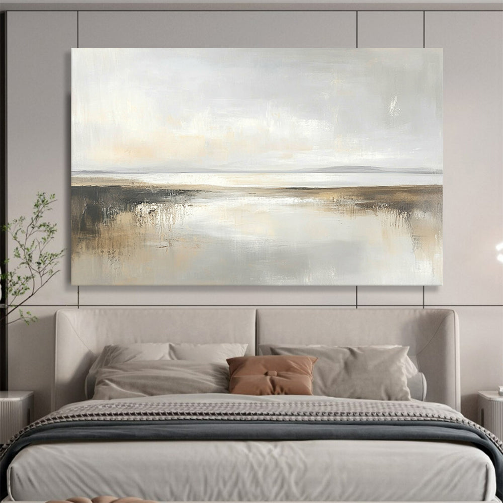 “Soft Gray Coastal Reflection” - Gray, Beige, Subtle Reflections, Minimalist Landscape Painting On Canvas HB0904