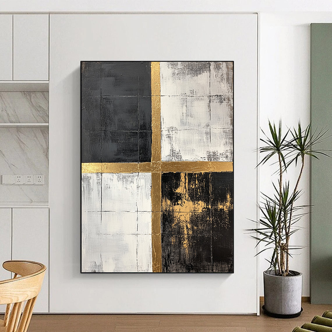 Black, White, Gold, Grid - Crossed Squares "Gilded Grid Intersection" Abstract Geometric Painting On Canvas HB161