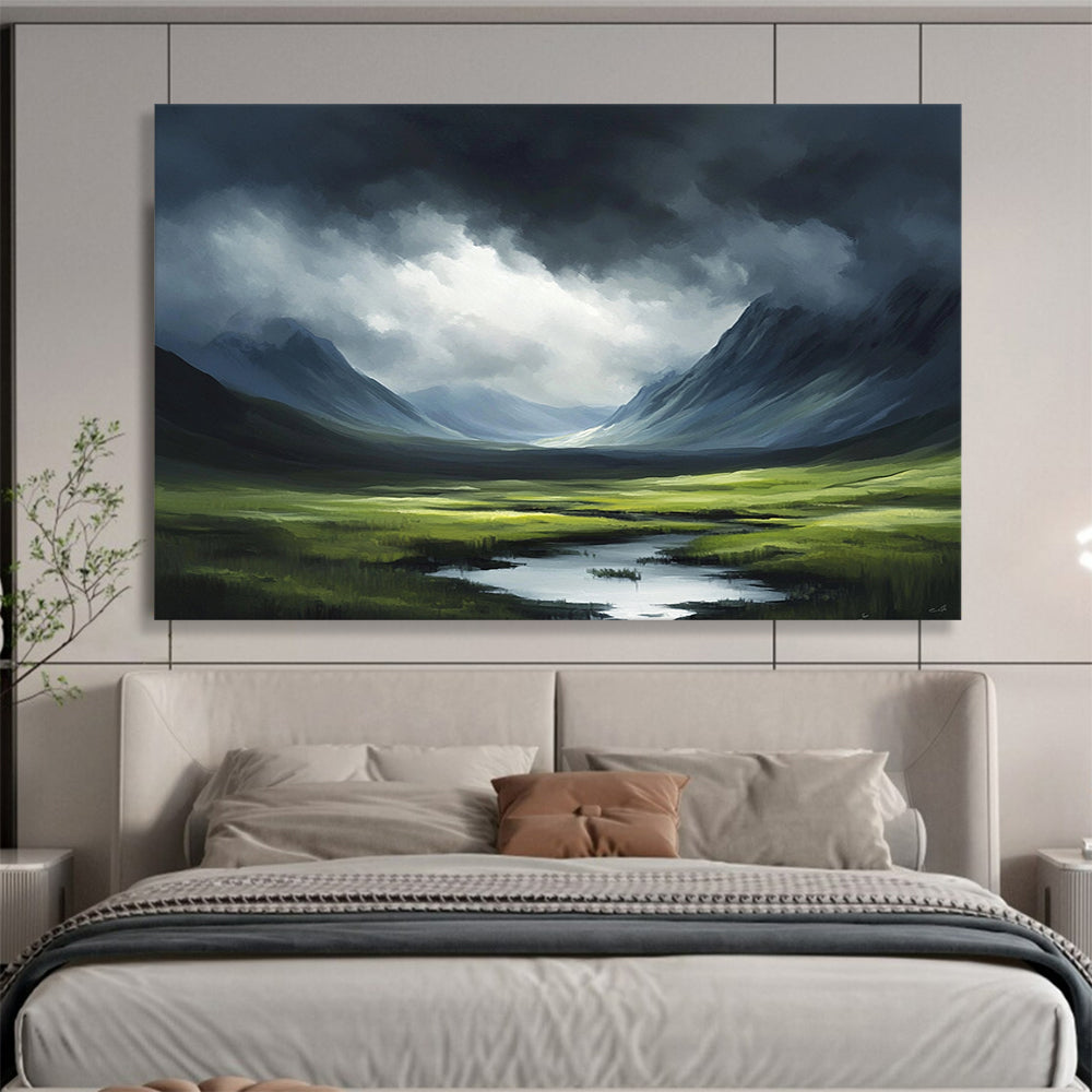“Moody Mountain Landscape with Light” - Green, Blue, Gray, Dramatic Mountain Scene - Oil Painting HB1643