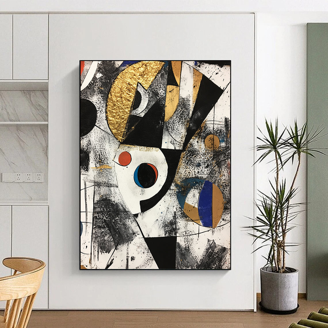 Black, White, Gold, Red and Blue Geometric Abstraction "Cosmic Collision" Painting On Canvas HB323