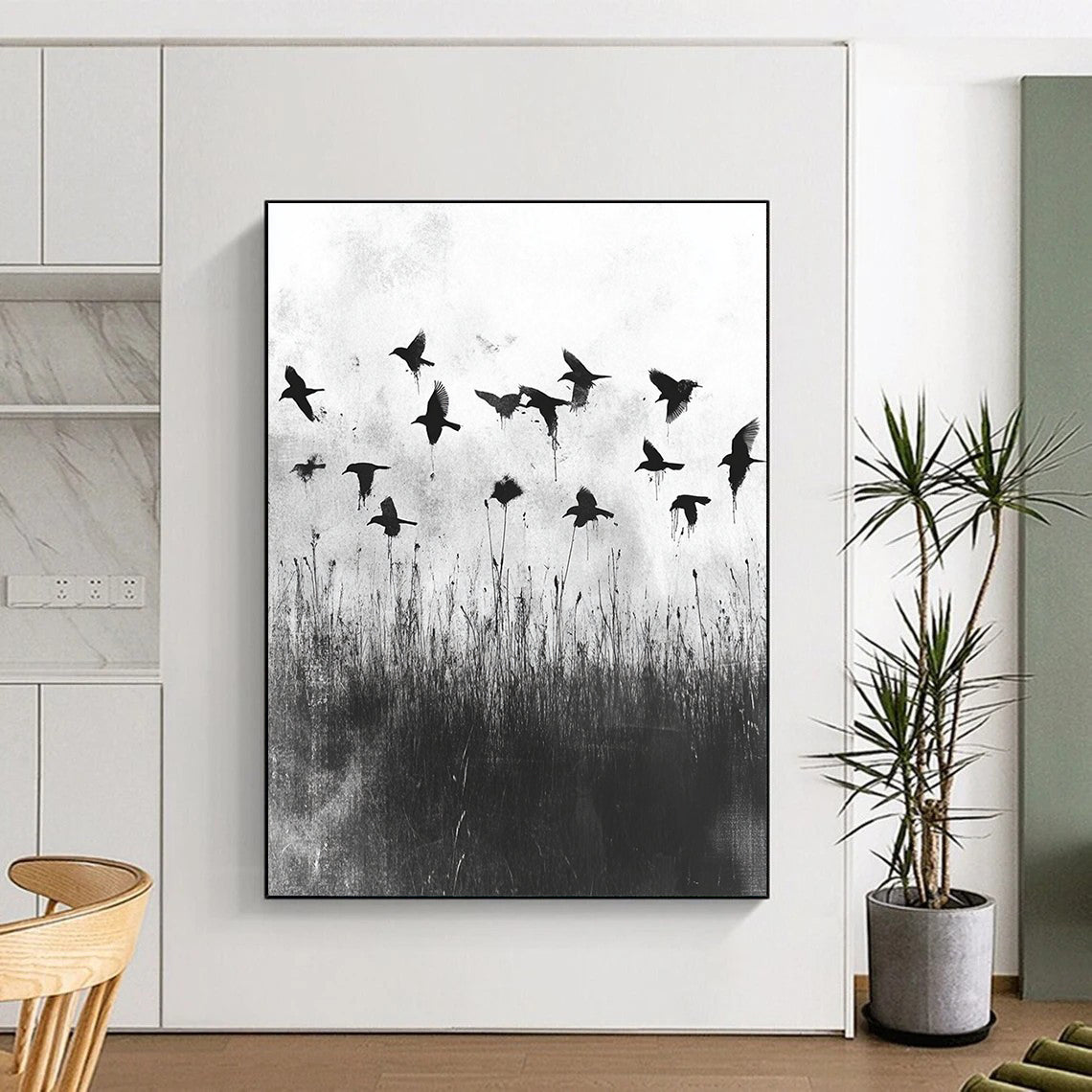 Black and White Birds in Field "Misty Flight" Painting On Canvas HB301