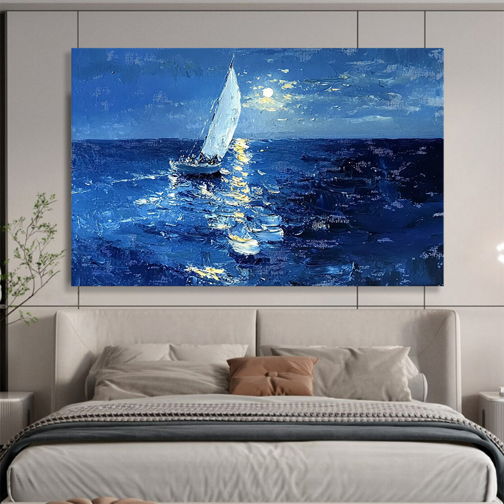 “Moonlit Sailboat” - Deep Blue, White, Yellow, Sailboat on Moonlit Sea - Impasto Oil Painting HB1696