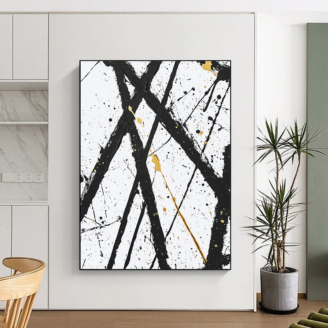 Black, White, Gold, Crossed Lines "Golden Intersection" Abstract Expressionist Painting On Canvas HB048
