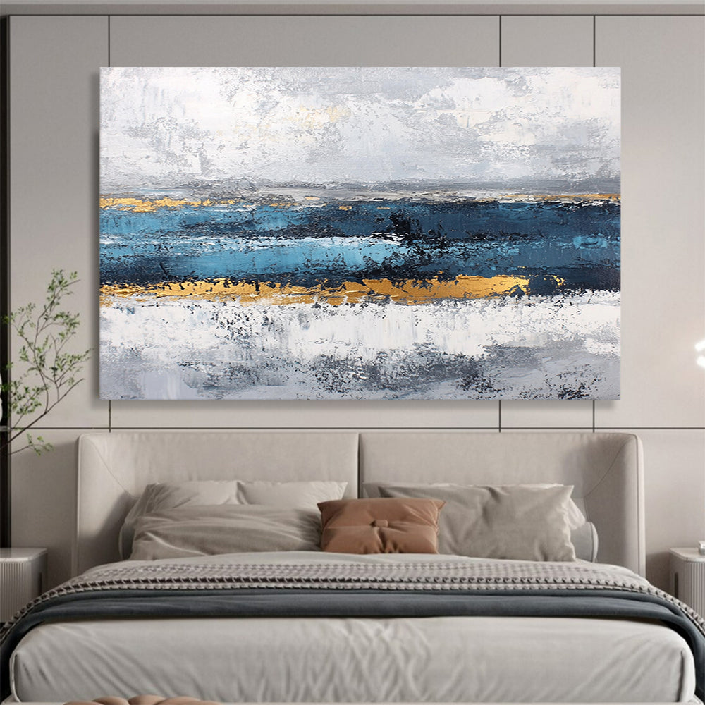 “Gray - Blue Abstract with Gold Accents” - Gray, Blue, Gold, Horizontal Strokes Painting On Canvas HB0838