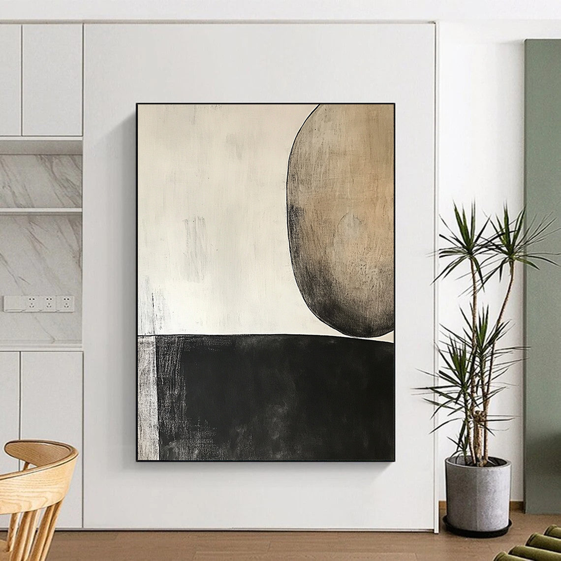 Contemporary hand-painted abstract art featuring a dark gray oval and dual brown circle on light beige background, inspired by minimalist design and Robert Motherwell. DLZ0958