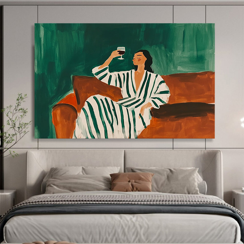 “Relaxed Figure with Wine” - Green, Brown, White, Stylized Figure Scene - Acrylic Painting HB1660