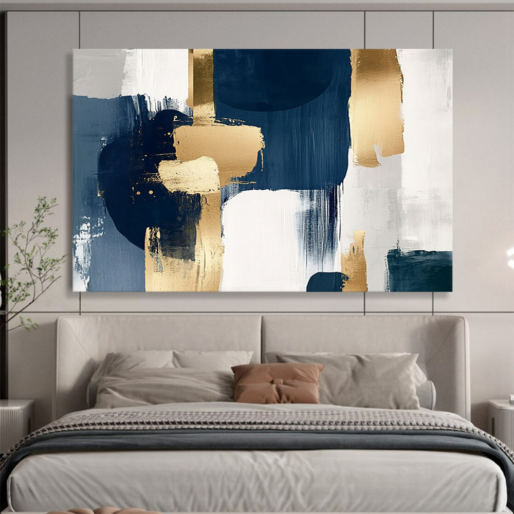 “Navy and Gold Geometric Abstract” - Navy, gray, white, gold; Geometric abstract with gold brushstrokes; Acrylic Painting On Canvas HB1261