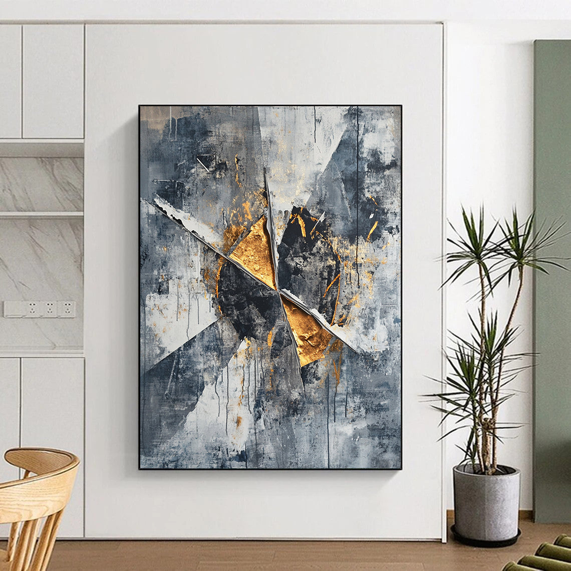 Gray, Black, White and Gold Abstract Shards "Elegant Ruins" Painting On Canvas HB362