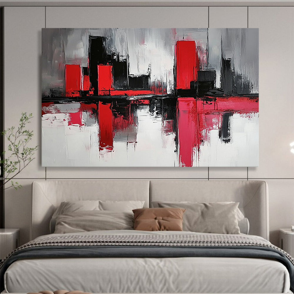 “Abstract Cityscape in Red and Black” - Red, black, white, gray; Abstract cityscape with reflection effects; Acrylic Painting On Canvas HB1272