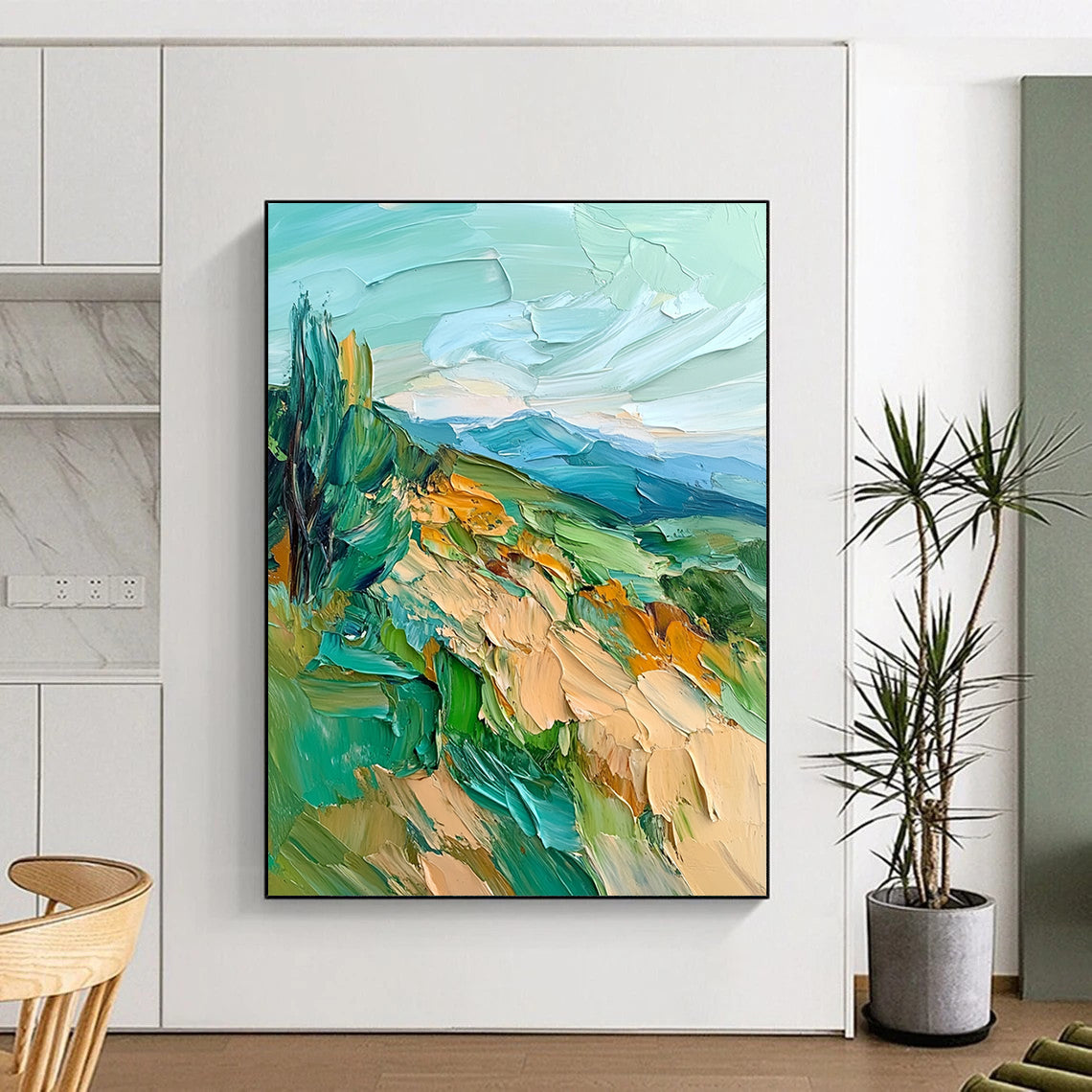 Contemporary abstract oil painting featuring impasto textures and vibrant sea green and blue hues of mountains, hills, and trees. DLZ1566