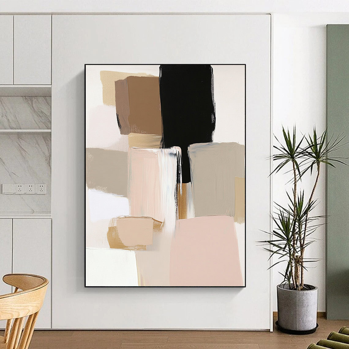 Contemporary abstract artwork featuring neutral tones with blush pink beige and sage green accents highlighted by thick brush strokes. DLZ0489