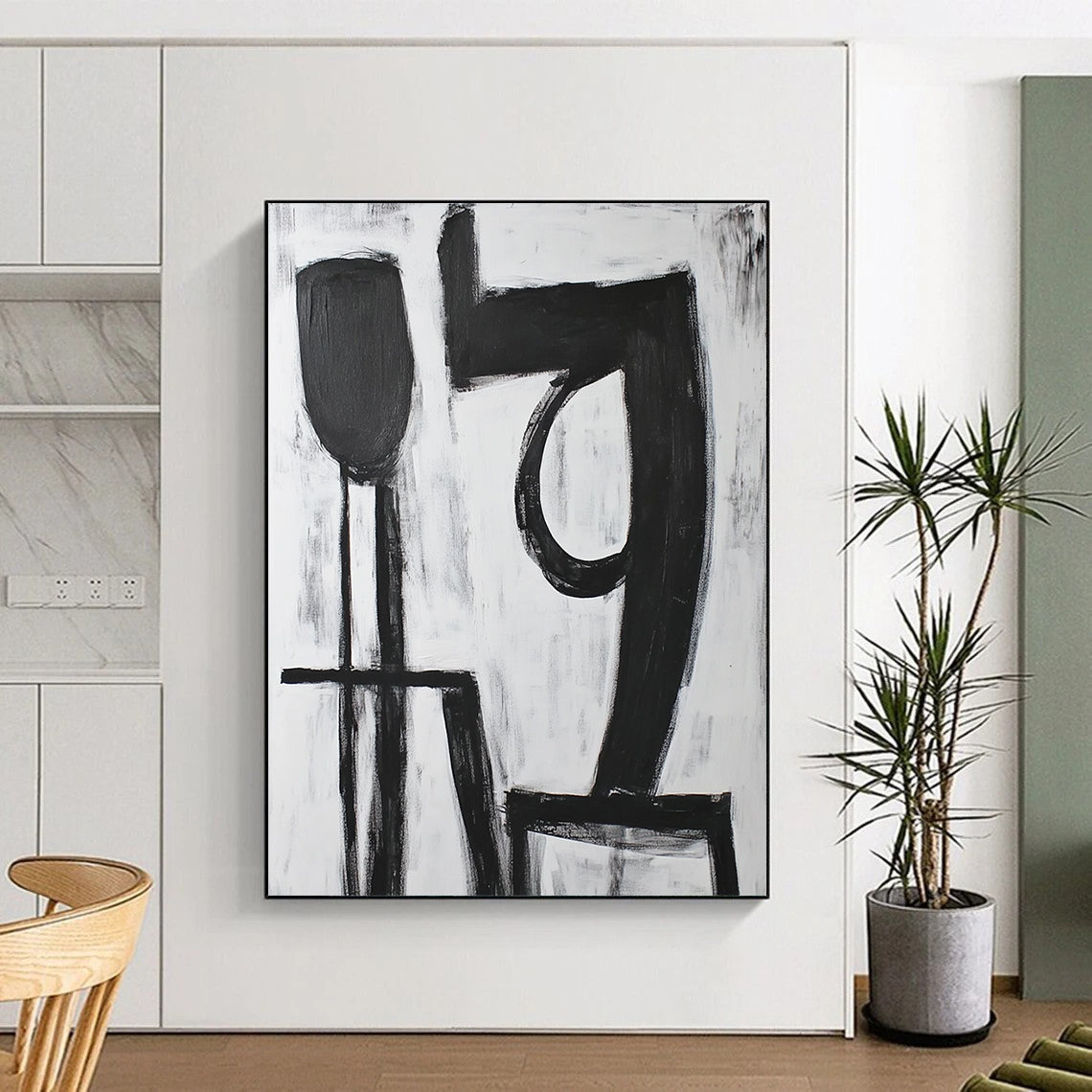 Contemporary hand-painted abstract artwork featuring bold black "9" strokes with a large 'A' shape in front on a pure white background. DLZ1540