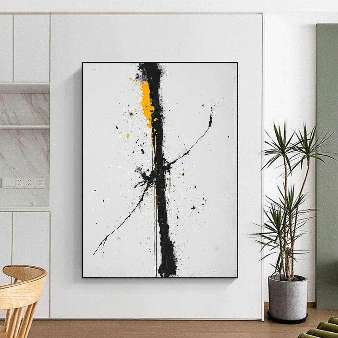 Black, White, Gray, Yellow, Bold Vertical Drip "Sunlit Chaos" Abstract Expressionist Painting On Canvas HB068