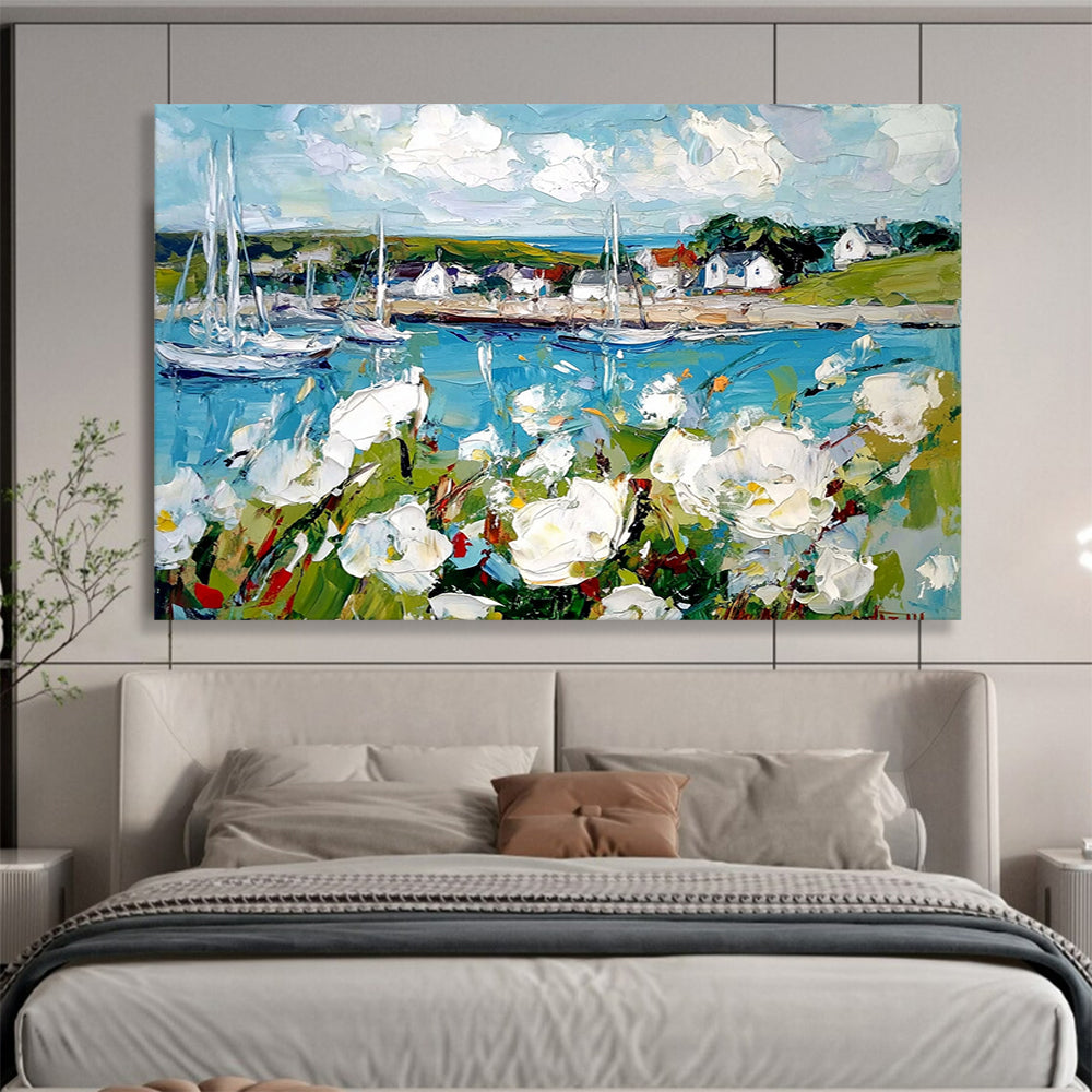 Blue, White, Green and Yellow Coastal Harbor with Flowers "Harbor Blooms" Painting On Canvas HB0666
