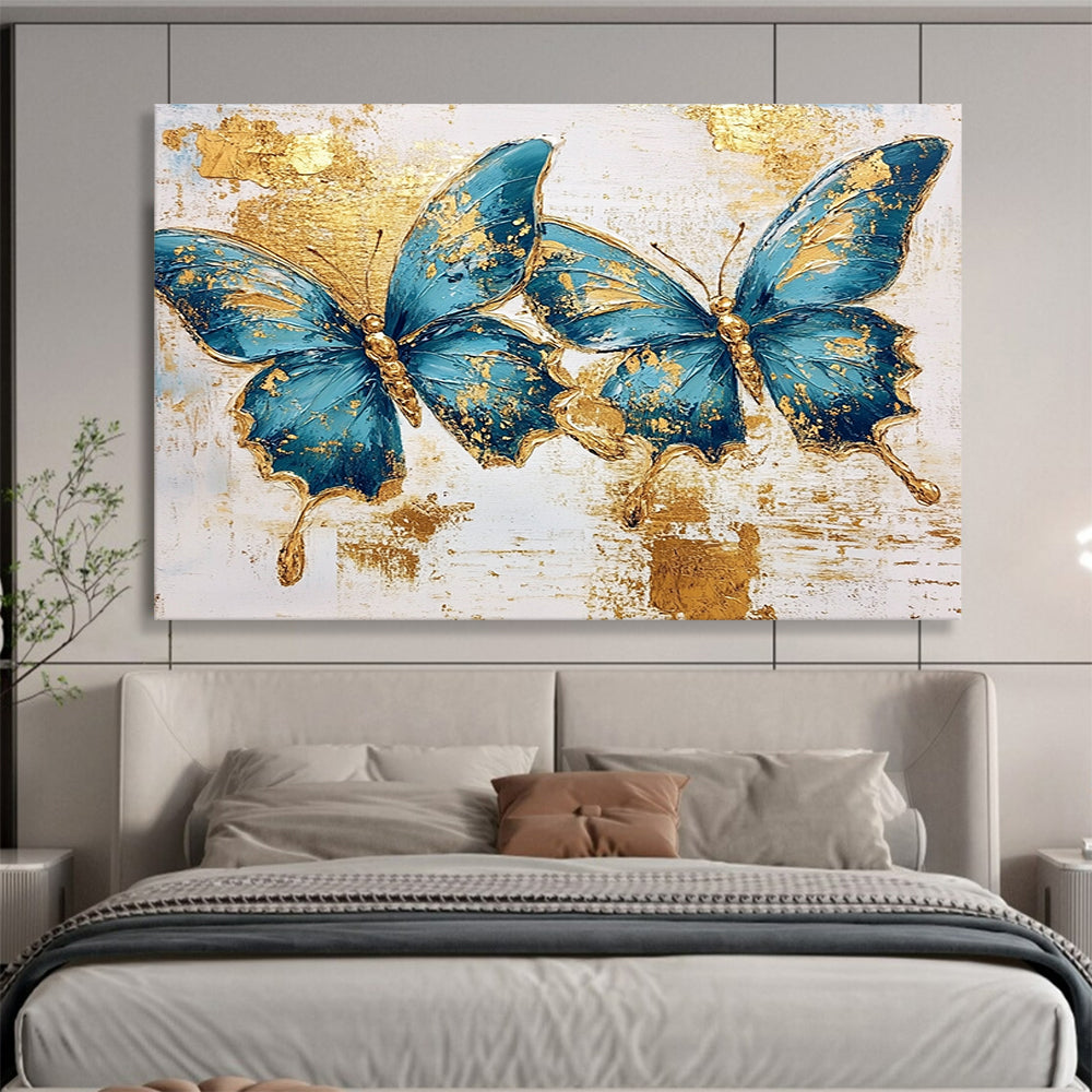 “Blue Butterflies With Gold” - Blue, Gold, White, Textured Floral - Animal Painting On Canvas HB0685