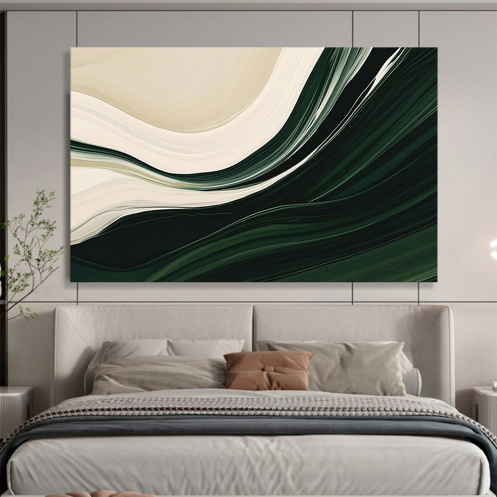 “Flowing Green and White Abstract” - Green, White, Curved Textures Painting On Canvas HB0889