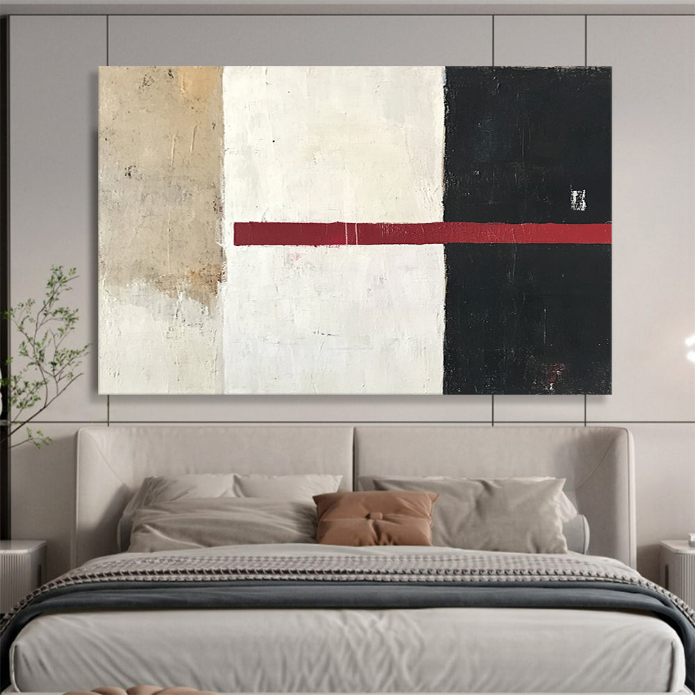 “Minimalist Color Divide” - Beige, White, Black, Red, Horizontal Stripe - Painting On Canvas HB1441