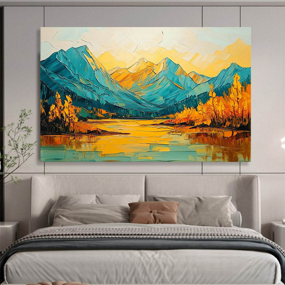 “Vibrant Mountain Reflection” - Blues, Yellows, Oranges, Mountain Lake with Bold Reflections - Impasto Oil Painting HB1714