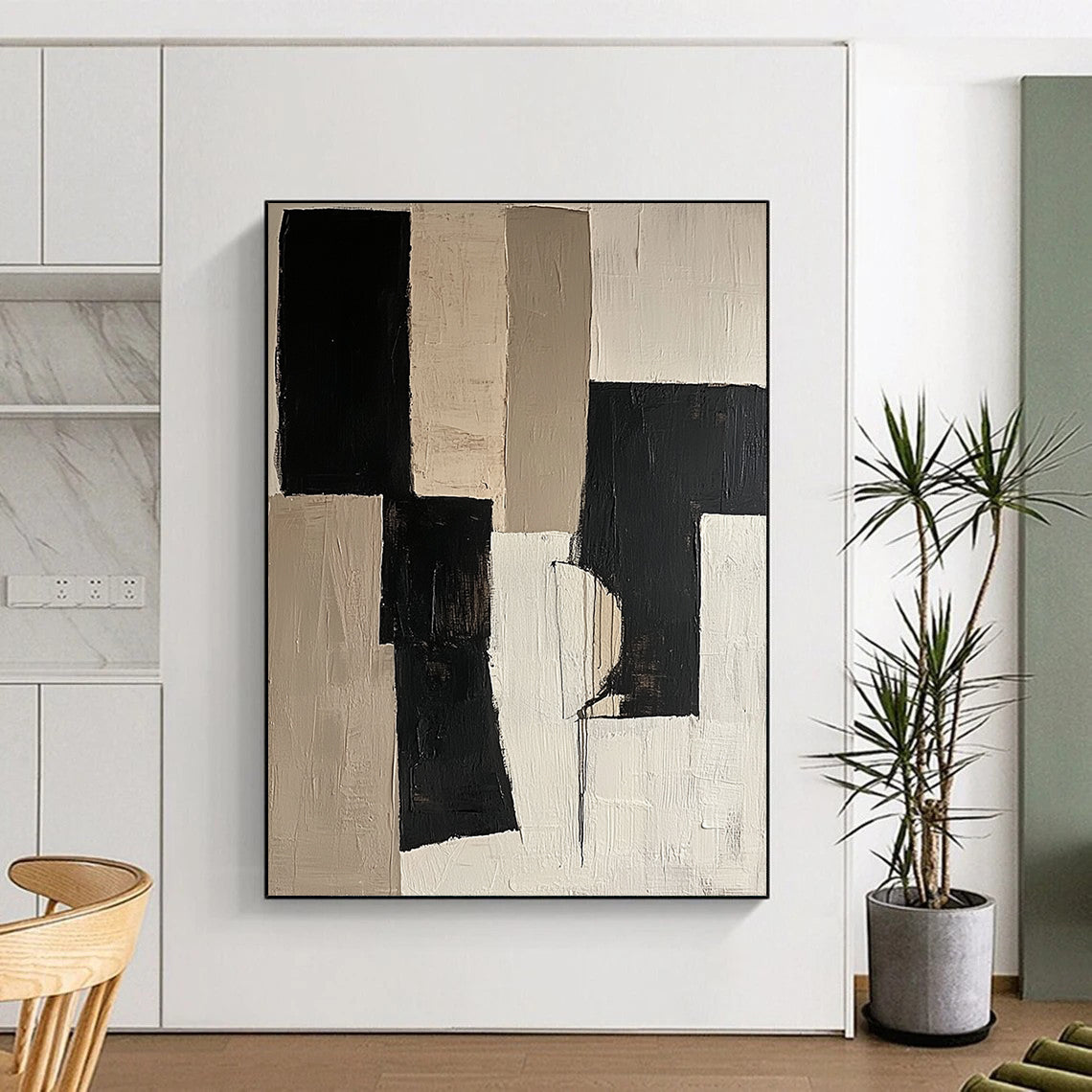 Contemporary abstract artwork featuring black and beige color blocks on a white background with organic shapes in mixed media and fragmented canvas. DLZ0688