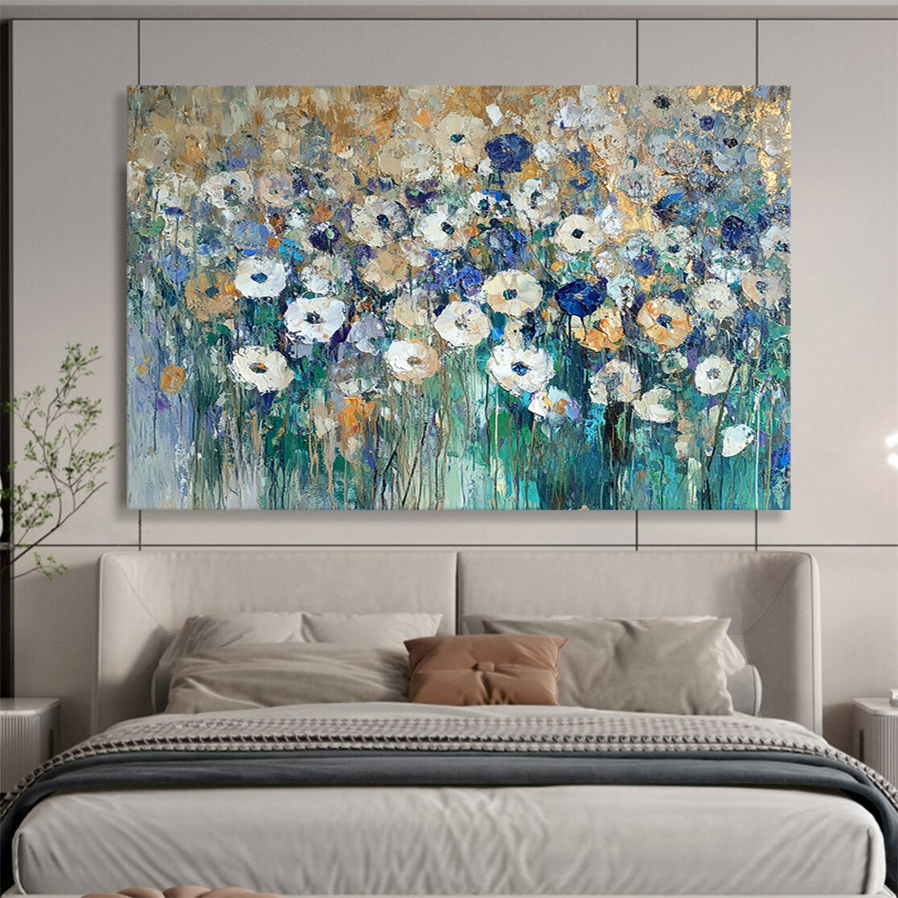 “Gilded Wildflower Field” - Gold - tipped white flowers, blue greens, Impasto Floral Painting On Canvas HB0581