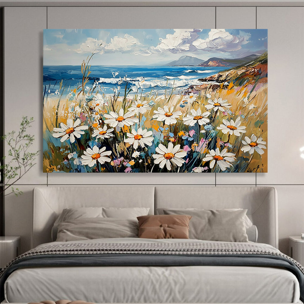 “Seaside Daisies” - Soft Whites, Yellows, Blues, Daisies by the Ocean - Impasto Oil Painting HB1747