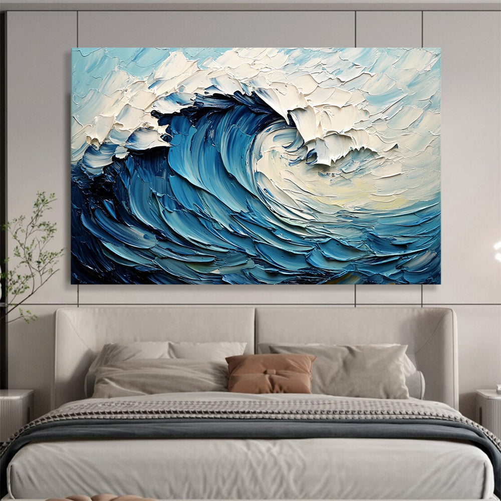 “Thick - Textured Blue Wave” - Blue, White, Swirling Wave, Ocean - Impasto Oil Painting HB1679