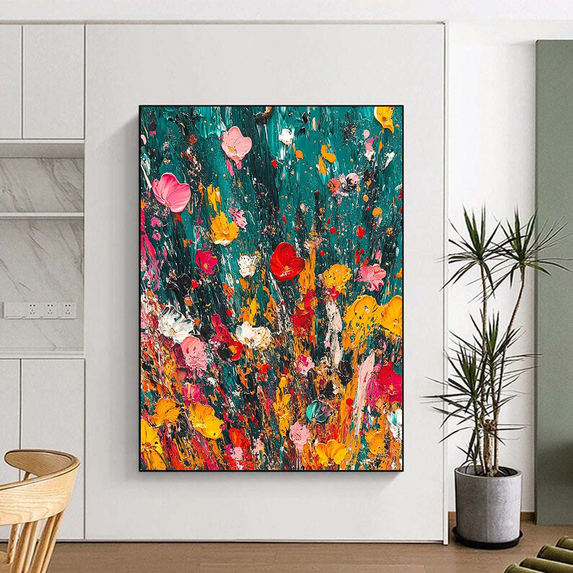 Vibrant contemporary abstract painting featuring lush emerald green and dynamic splashes of color creating a joyful and playful atmosphere. DLZ1175