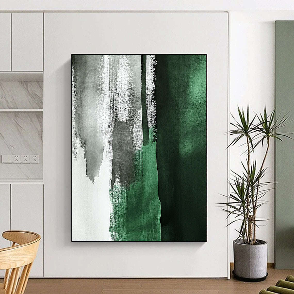 Large contemporary abstract painting featuring emerald green and gray brushstrokes with a minimalist Japandi aesthetic in a vertical format. DLZ1624