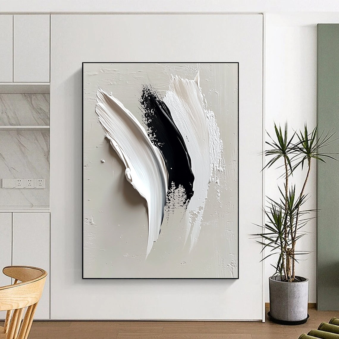 Contemporary abstract painting featuring minimalist white and black strokes on light gray, symbolizing an eagle's wing with a blend of elegance and strength. DLZ0664