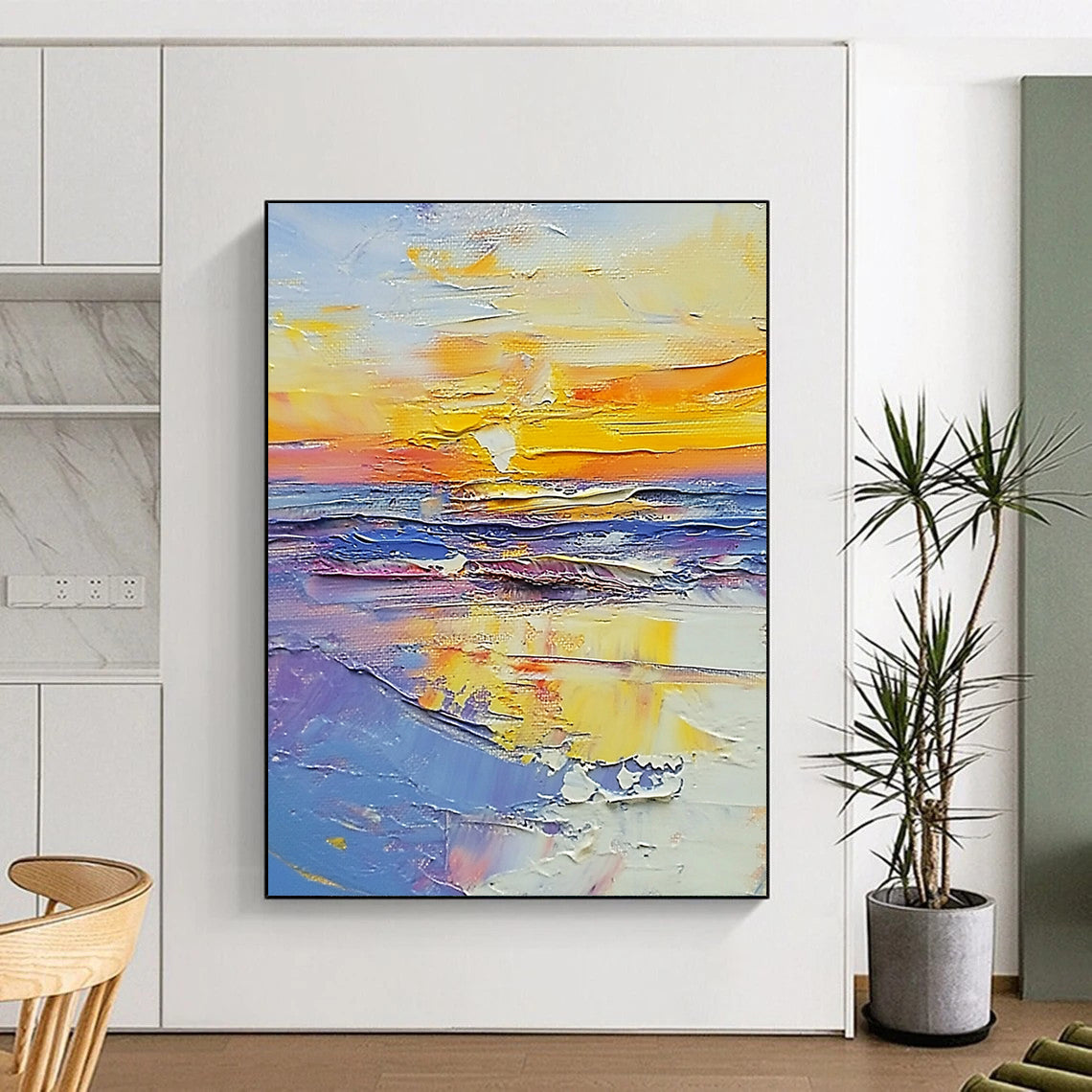 Contemporary large abstract painting showcasing vibrant sunset beach colors in white, blue, yellow, purple, light orange, and pink with palette knife technique. DLZ0647
