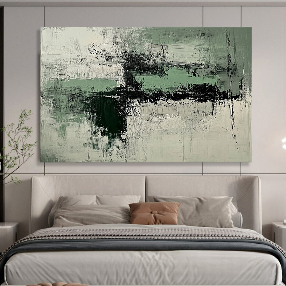 “Green and Gray Abstract Textures” - Green, gray, white, black; Textured abstract with green and gray; Acrylic Painting On Canvas HB1250