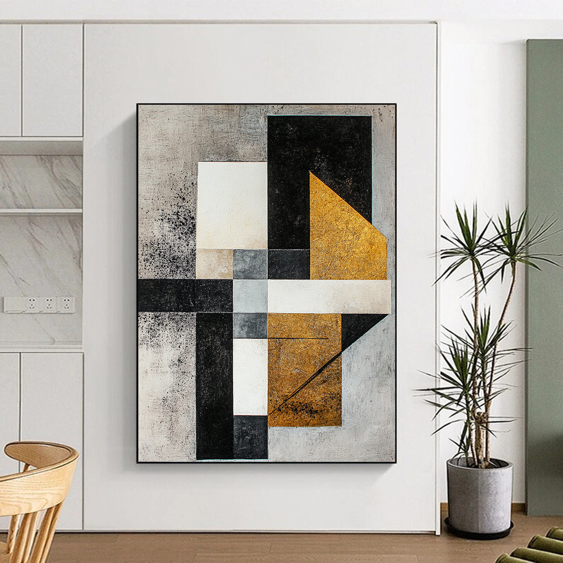 Gray, White, Black, Gold with Mixed Shapes "Textured Fusion" Abstract Painting On Canvas HB016