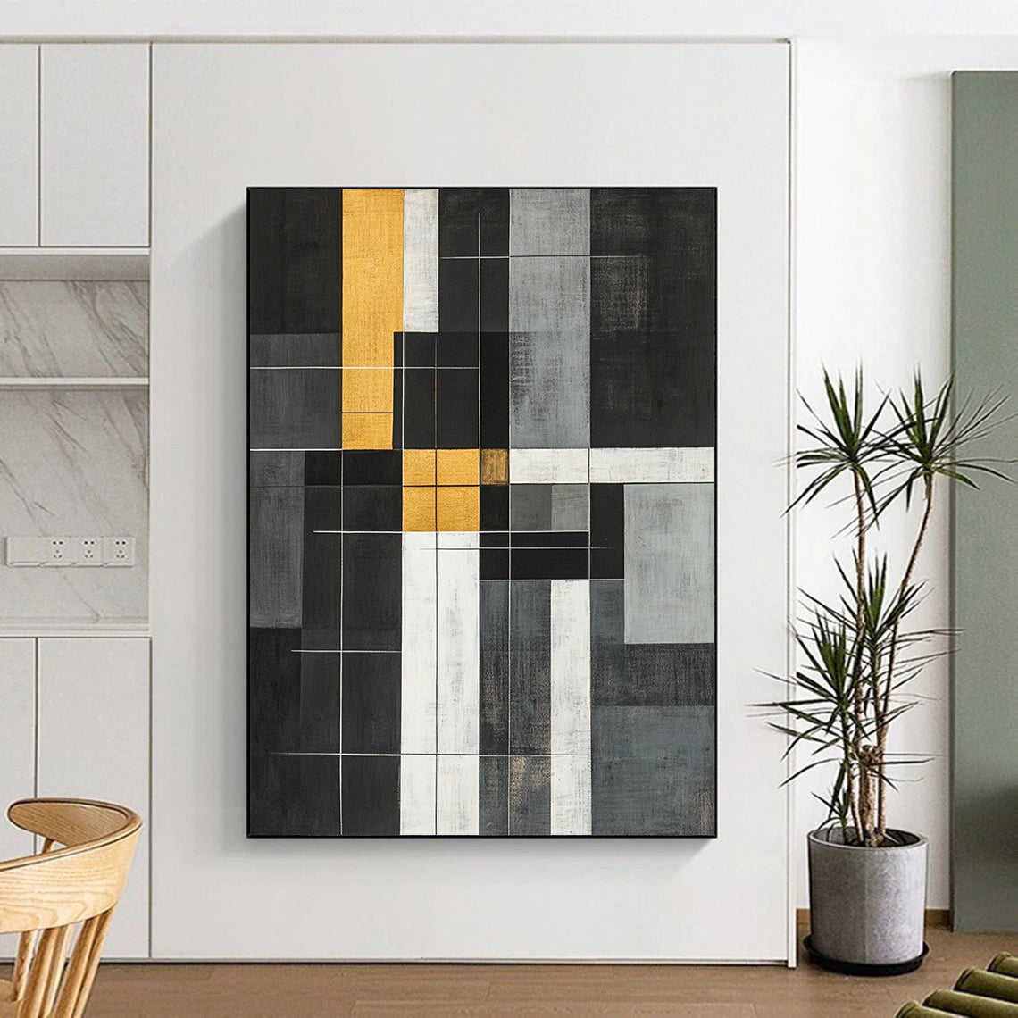 Black, White, Gold, Gray, Geometric Grid "Gilded Geometric Web" Abstract Neo - Plasticist Painting On Canvas HB163